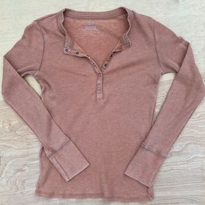 Aerie Waffle Knit Long Sleeve Henley Top, Peach, Size S